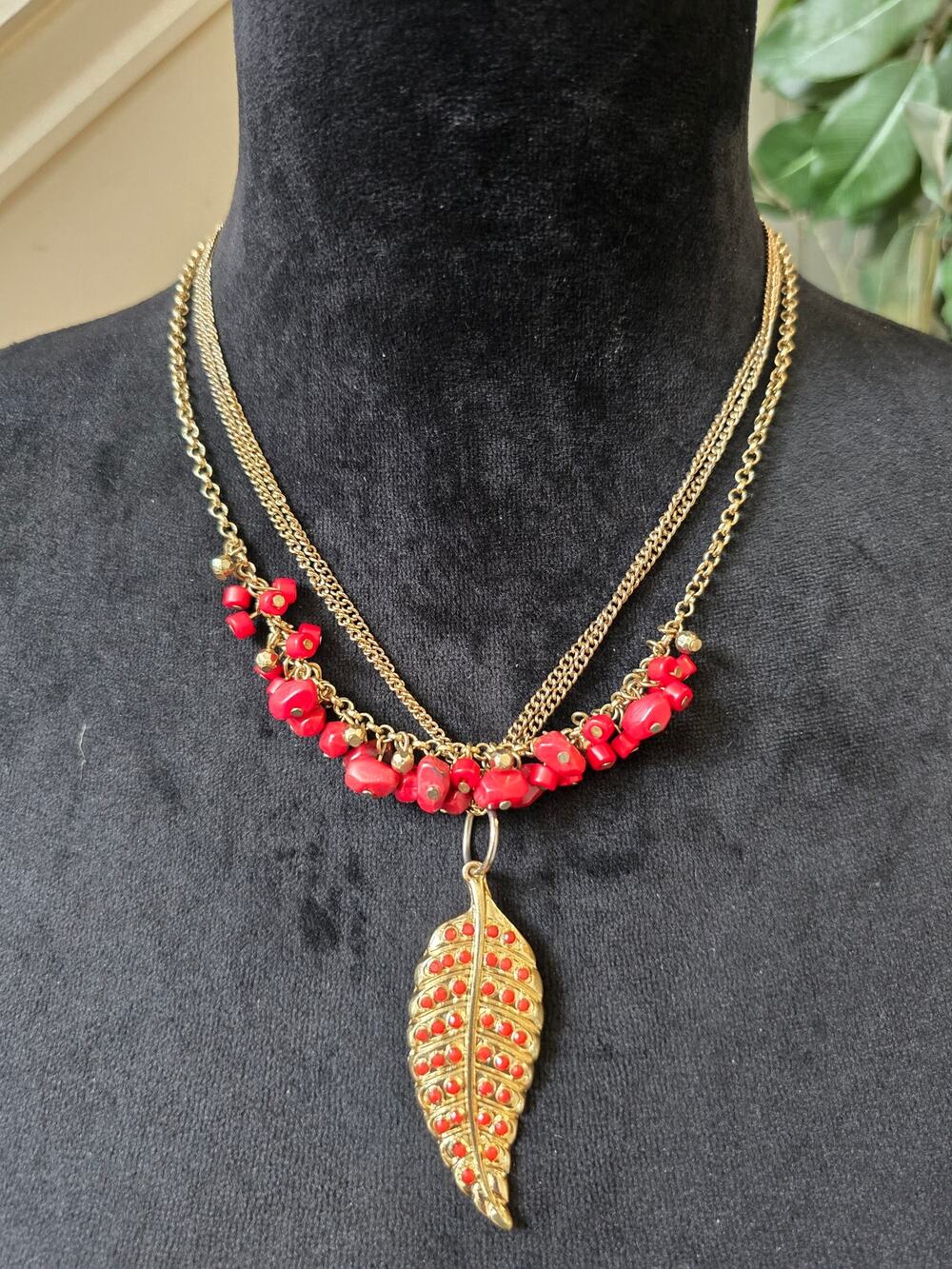 Red Beaded Gold Leaf Pendant Layered Necklace and Earring Set